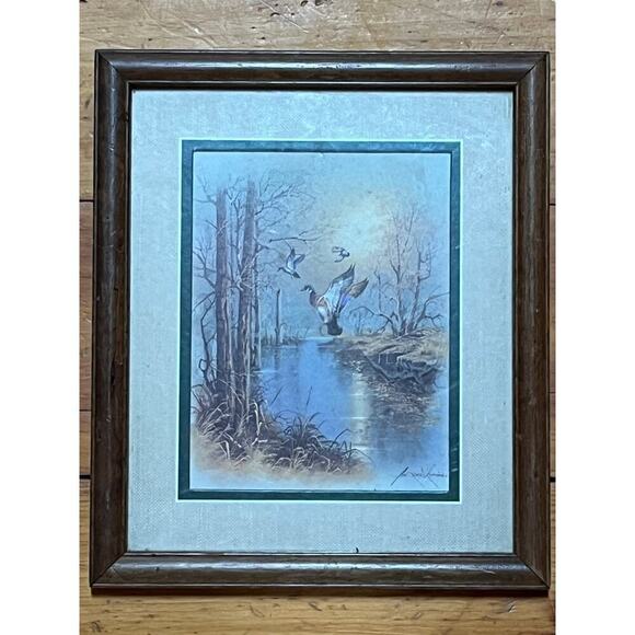 Flying Mallard Ducks Over River Andres Orpinas Framed Matted Art Print. Signed - Picture 1 of 5